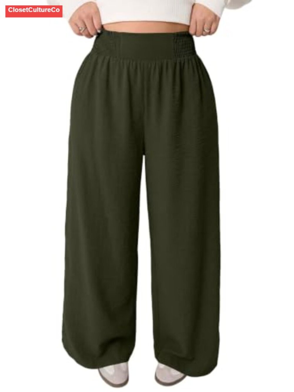Plus Size Wide Leg Palazzo Pants High Waist Pull On Pleated Trousers